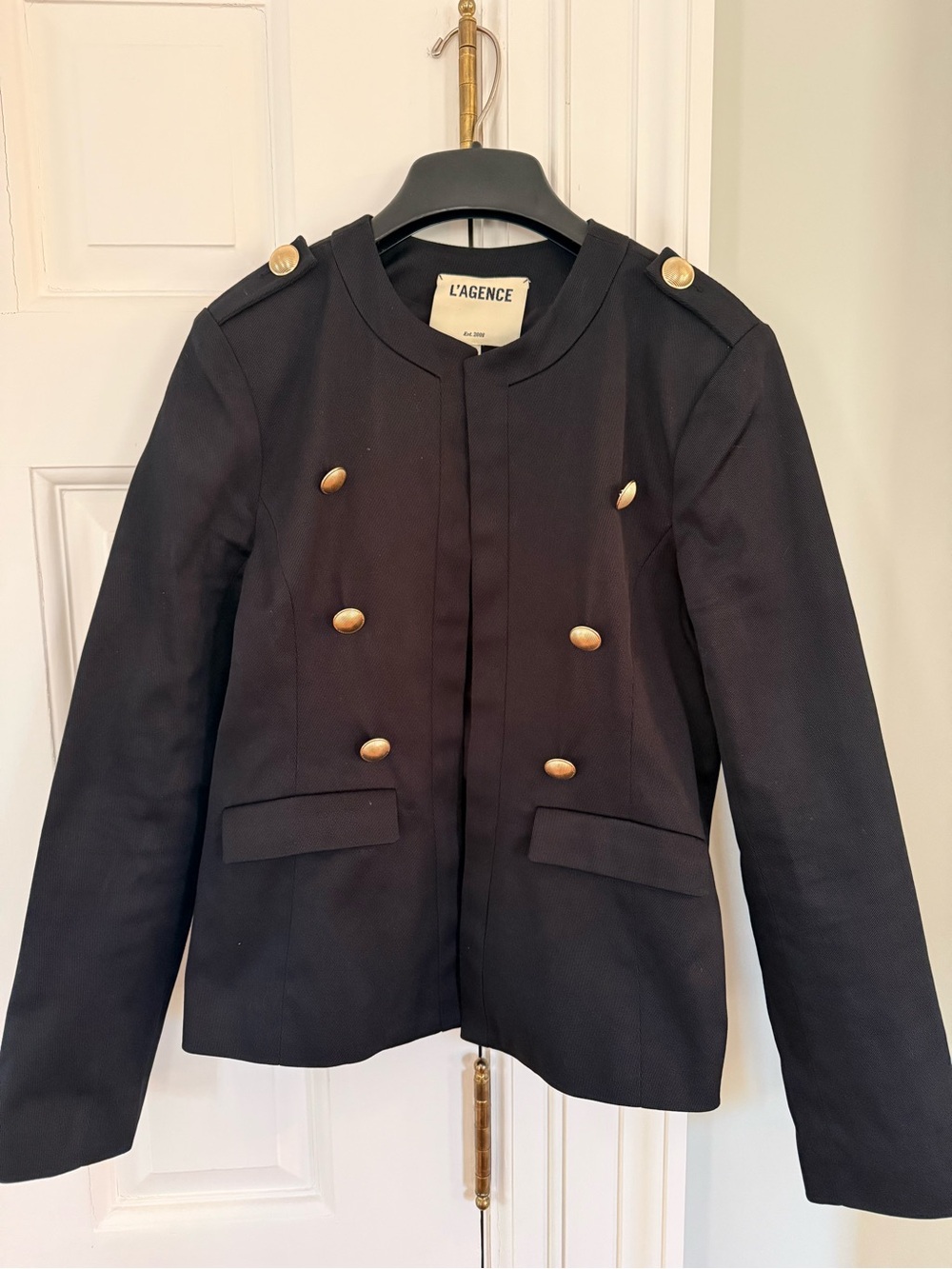 L'AGENCE Black Double-Breasted Military-Inspired Blazer with Gold Buttons